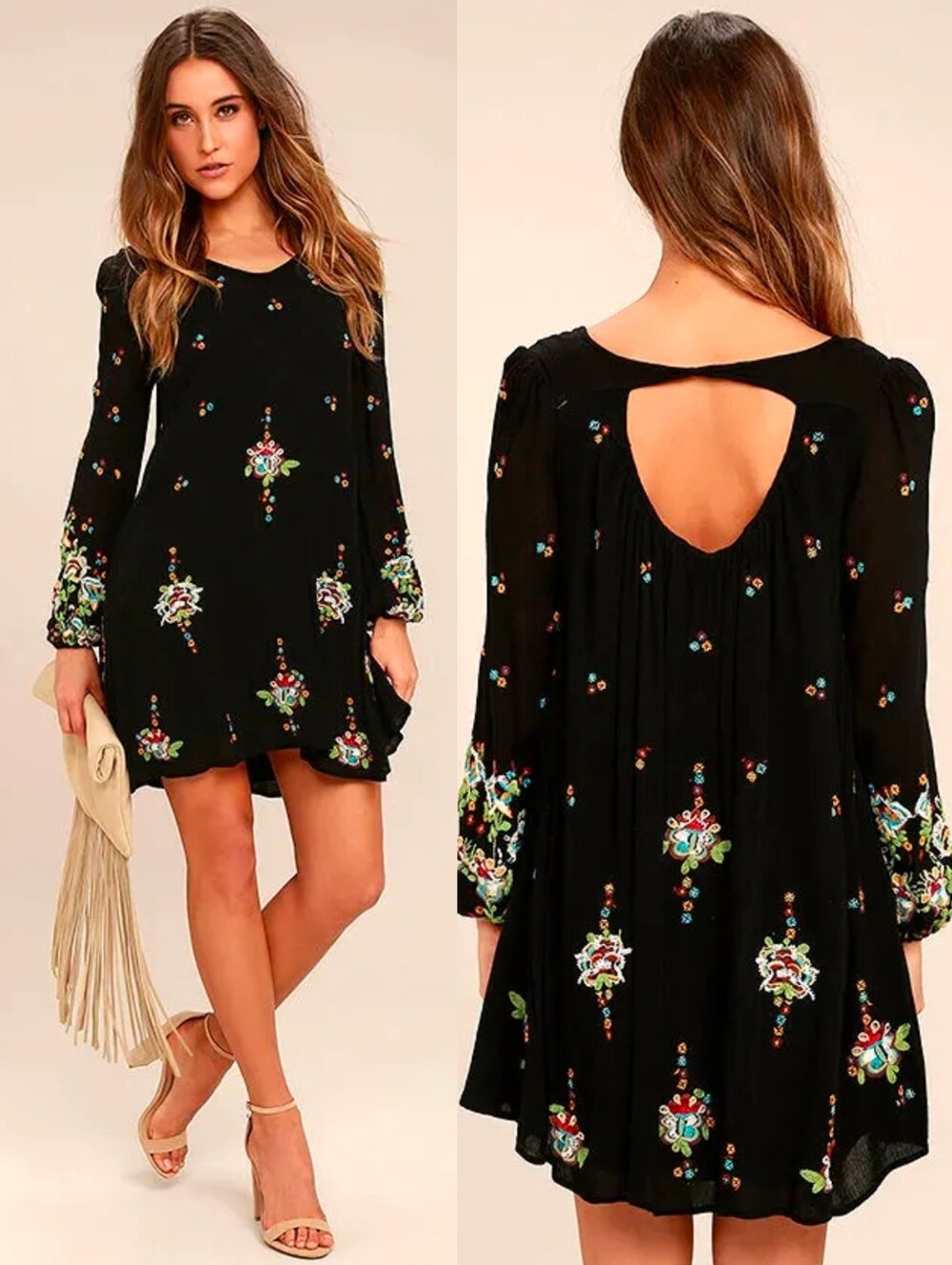 FREE PEOPLE Black Oxford Embroidered Swing Dress